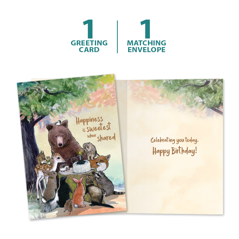 The cover and inside of Tree-Free’s Sweetest When Shared card, along with the following text: “1 greeting card, 1 matching envelope”