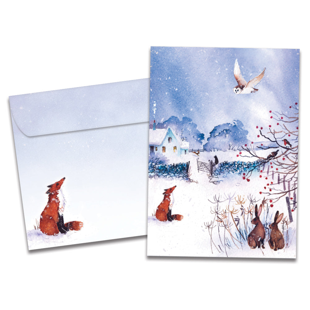 The cover of Tree-Free's Winter Serenity card, along with its matching envelope.