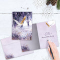 Load image into Gallery viewer, The inside of Tree-Free’s Owl Calmness card, with the cover and envelope in the background.
