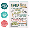 Load image into Gallery viewer, The cover of Tree-Free’s Dad&#39;s Tools Birthday card with lines demonstrating its 5x7 dimensions, along with the following text: “100% PCW recycled paper, proudly made in the USA, sustainably printed on extra-thick card stock”
