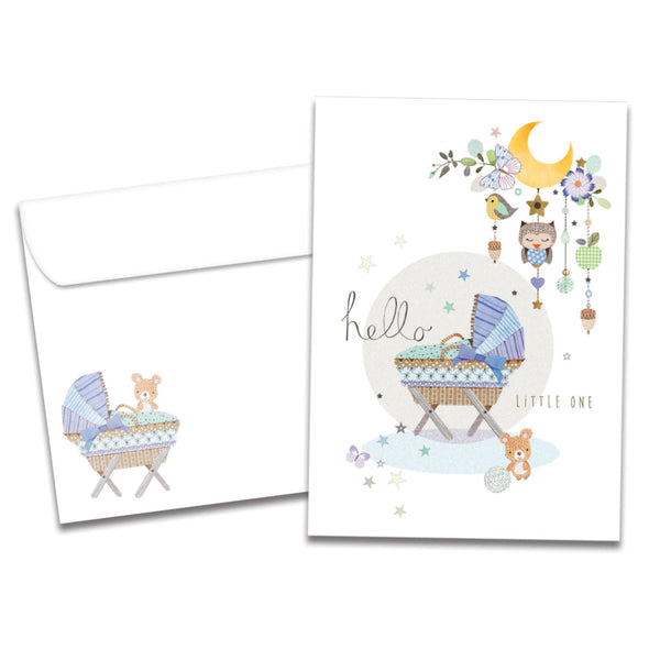 The cover of Tree-Free's Hello Little One card, along with its matching envelope.