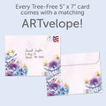 Load image into Gallery viewer, The envelope for Tree-Free’s Purple Flowers card, along with the following text: “Every Tree-Free 5x7 card comes with a matching ARTvelope!”
