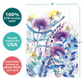 Load image into Gallery viewer, The cover of Tree-Free’s Purple Flowers card with lines demonstrating its 5x7 dimensions, along with the following text: “100% PCW recycled paper, proudly made in the USA, sustainably printed on extra-thick card stock”
