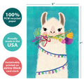 Load image into Gallery viewer, The cover of Tree-Free’s Amazing Llama card with lines demonstrating its 5x7 dimensions, along with the following text: “100% PCW recycled paper, proudly made in the USA, sustainably printed on extra-thick card stock”
