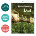 Load image into Gallery viewer, The cover of Tree-Free’s Frog Bridge Dad card with lines demonstrating its 5x7 dimensions, along with the following text: “100% PCW recycled paper, proudly made in the USA, sustainably printed on extra-thick card stock”
