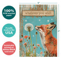 Load image into Gallery viewer, The cover of Tree-Free’s Fox Wishes card with lines demonstrating its 5x7 dimensions, along with the following text: “100% PCW recycled paper, proudly made in the USA, sustainably printed on extra-thick card stock”
