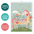 Load image into Gallery viewer, The cover of Tree-Free’s Magical Floral Unicorn Daughter card with lines demonstrating its 5x7 dimensions, along with the following text: “100% PCW recycled paper, proudly made in the USA, sustainably printed on extra-thick card stock”
