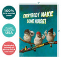 Load image into Gallery viewer, The cover of Tree-Free’s Make Some Noise Son card with lines demonstrating its 5x7 dimensions, along with the following text: “100% PCW recycled paper, proudly made in the USA, sustainably printed on extra-thick card stock”
