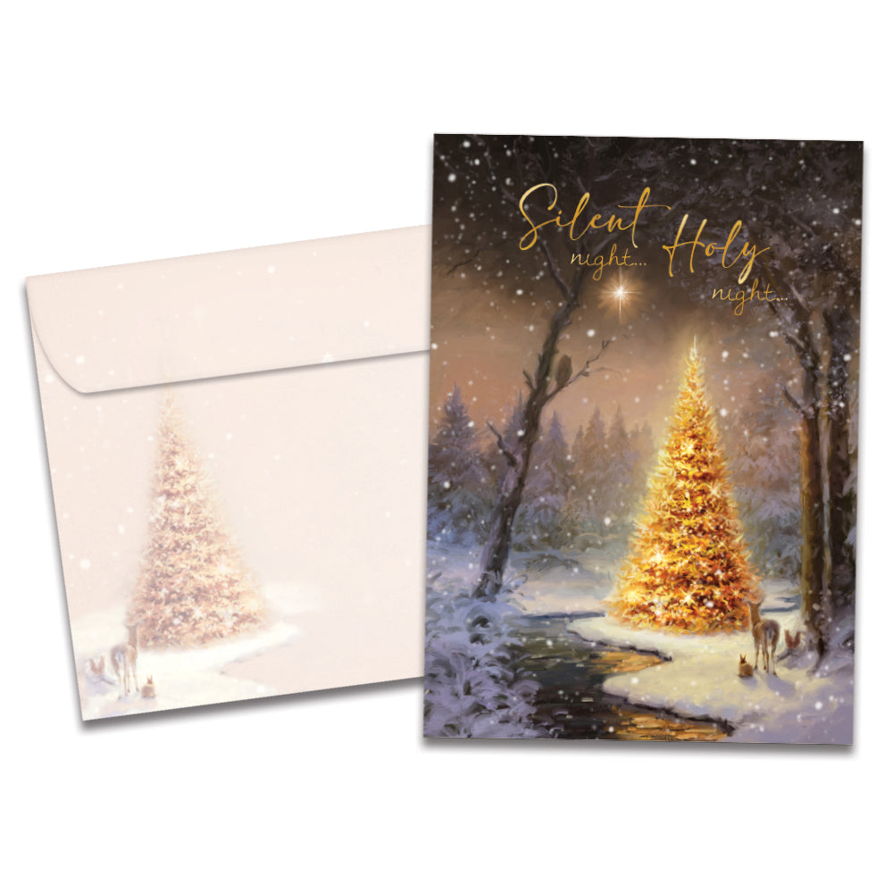 The cover of Tree-Free's Calm and Bright card, along with its matching envelope.