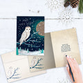 Load image into Gallery viewer, The inside of Tree-Free’s Solstice Owl card, with the cover and envelope in the background.
