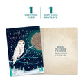 Load image into Gallery viewer, The cover and inside of Tree-Free’s Solstice Owl card, along with the following text: “1 greeting card, 1 matching envelope”
