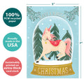 Load image into Gallery viewer, The cover of Tree-Free’s Christmas Unicorn card with lines demonstrating its 5x7 dimensions, along with the following text: “100% PCW recycled paper, proudly made in the USA, sustainably printed on extra-thick card stock”
