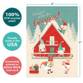 Load image into Gallery viewer, The cover of Tree-Free’s Hanging with the Gnomies card with lines demonstrating its 5x7 dimensions, along with the following text: “100% PCW recycled paper, proudly made in the USA, sustainably printed on extra-thick card stock”
