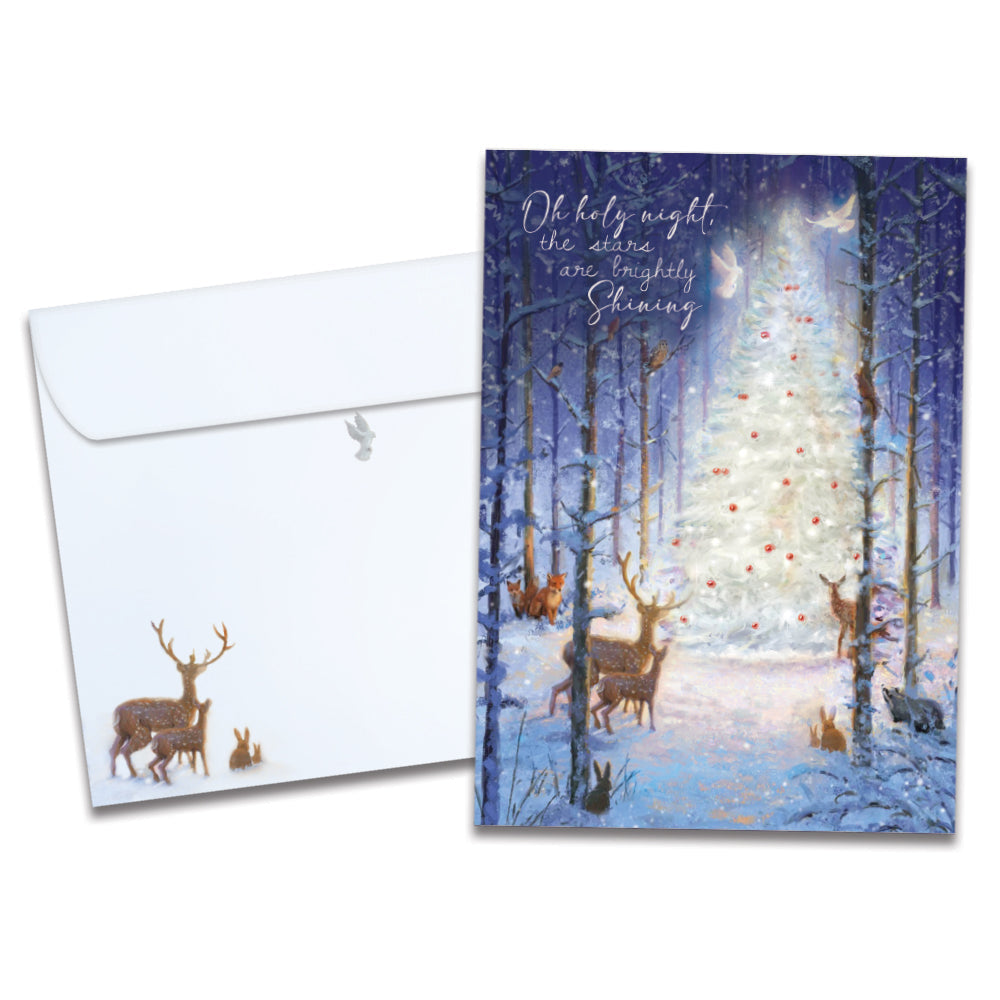 The cover of Tree-Free's Oh Holy Night card, along with its matching envelope.