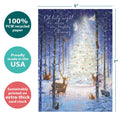 Load image into Gallery viewer, The cover of Tree-Free’s Oh Holy Night card with lines demonstrating its 5x7 dimensions, along with the following text: “100% PCW recycled paper, proudly made in the USA, sustainably printed on extra-thick card stock”
