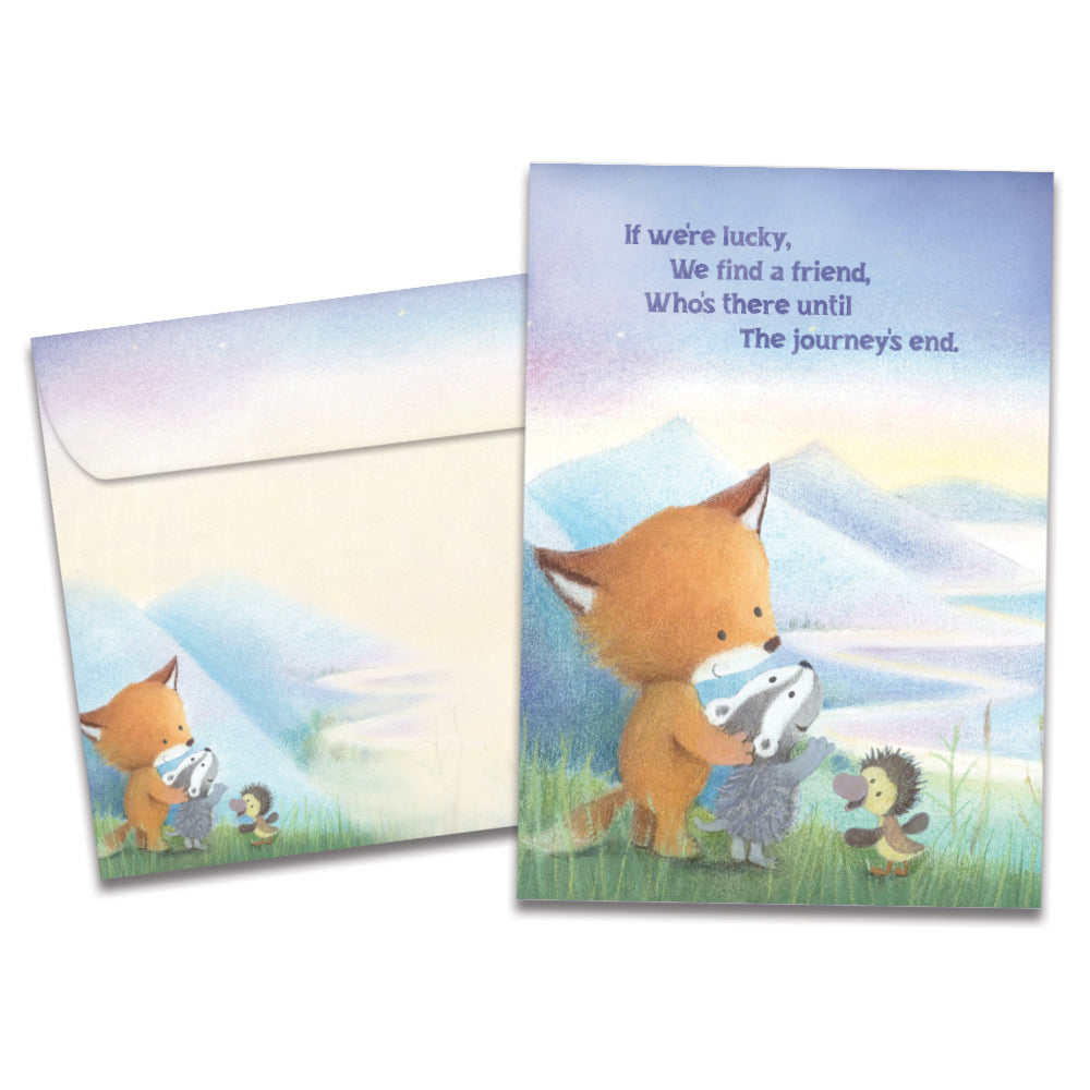 The cover of Tree-Free's Lucky Journey card, along with its matching envelope.