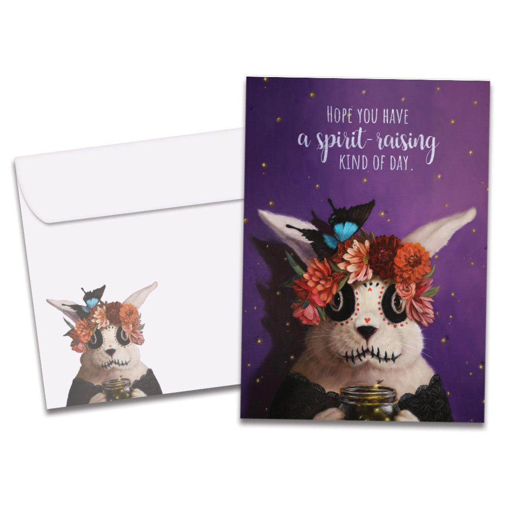 The cover of Tree-Free's Muerto Bunny card, along with its matching envelope.