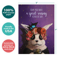 Load image into Gallery viewer, The cover of Tree-Free’s Muerto Bunny card with lines demonstrating its 5x7 dimensions, along with the following text: “100% PCW recycled paper, proudly made in the USA, sustainably printed on extra-thick card stock”
