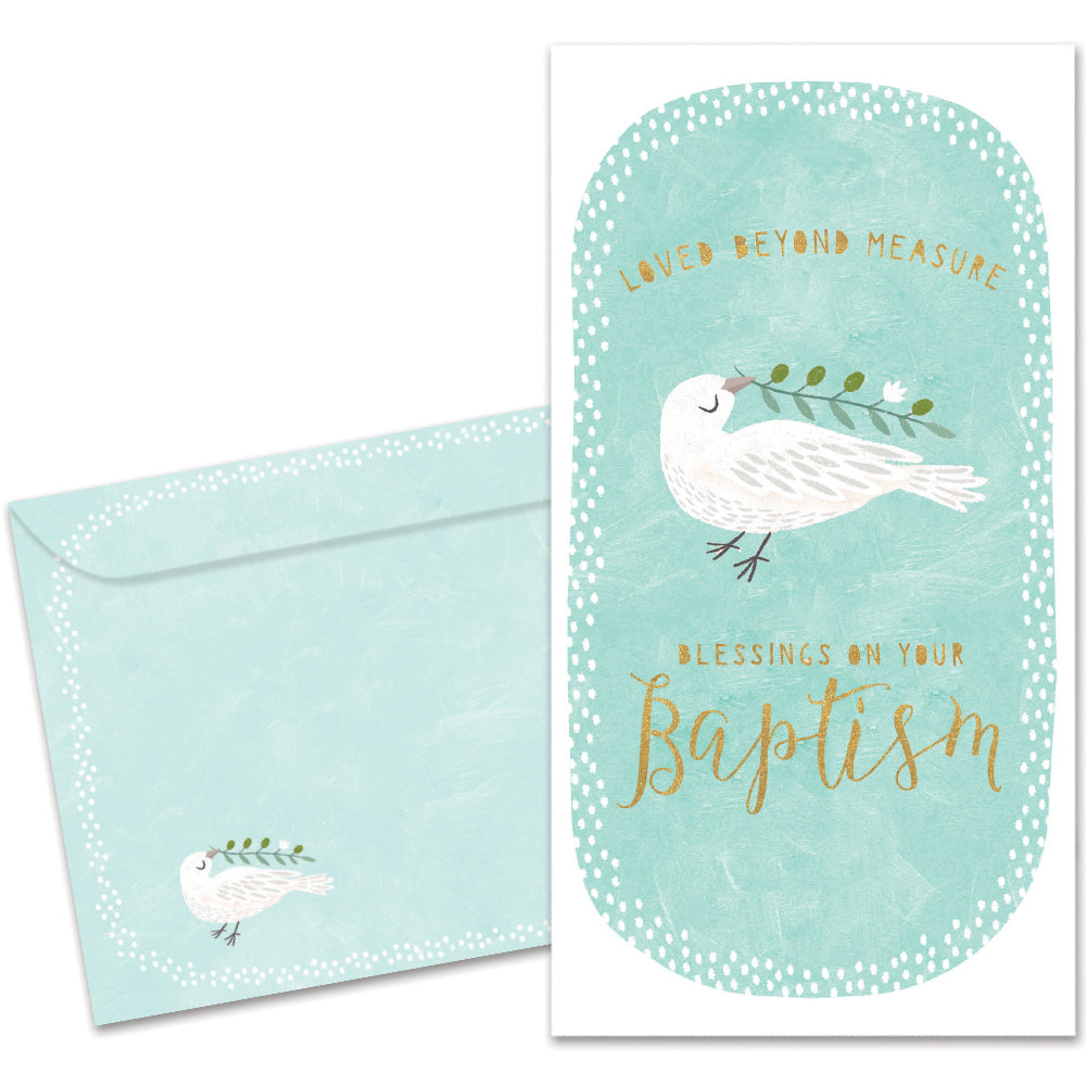 The cover of Tree-Free's Loved Beyond Measure card, along with its matching envelope.