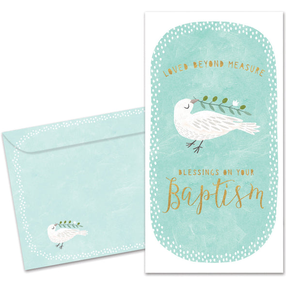 The cover of Tree-Free's Loved Beyond Measure card, along with its matching envelope.