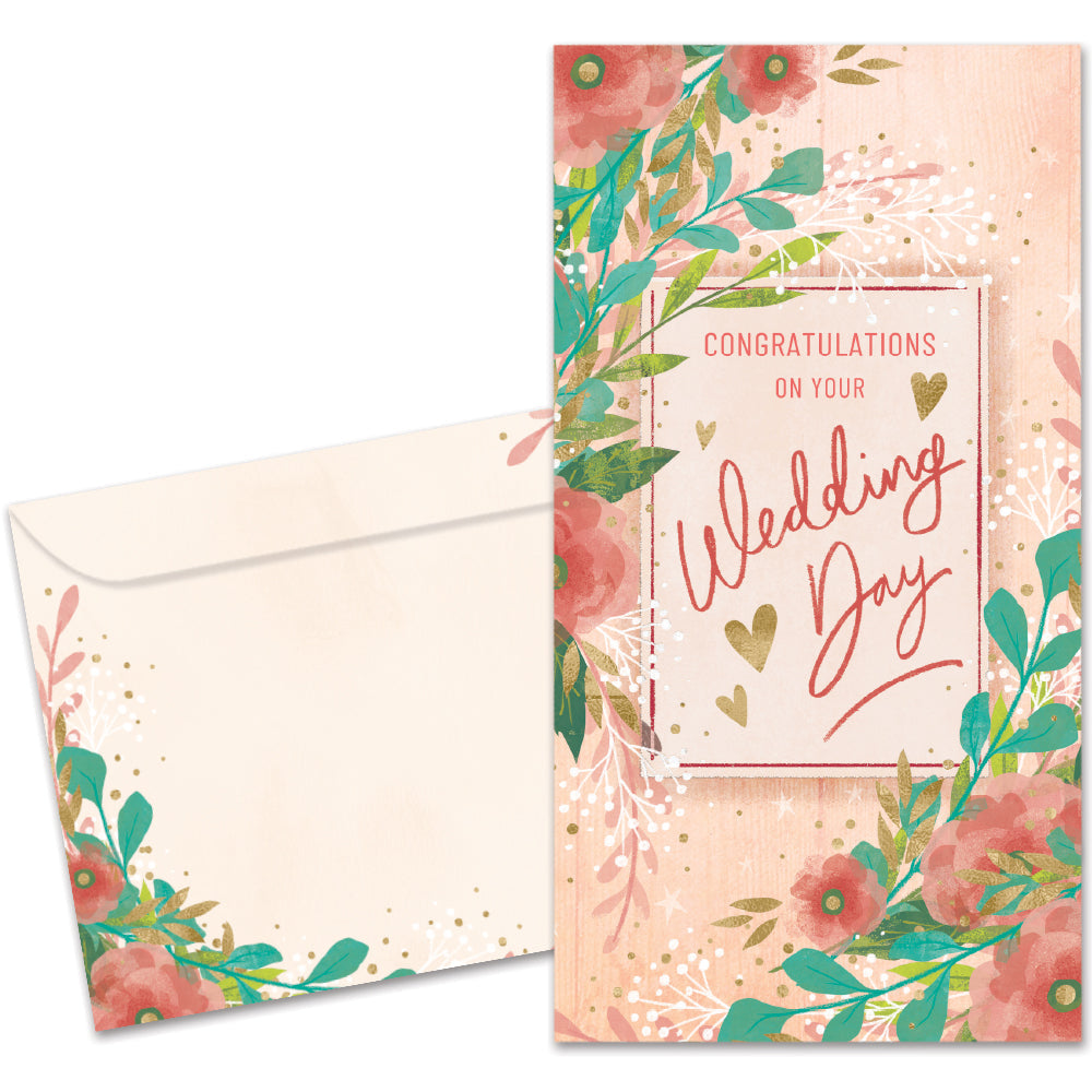 Cover of Happy Flowers Wedding card (featuring script and serif text surrounded by artwork of flowers) and its matching envelope