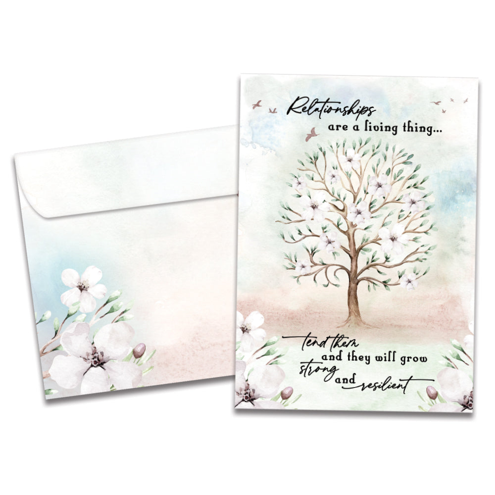 The cover of Tree-Free's Tended Relationships card, along with its matching envelope.